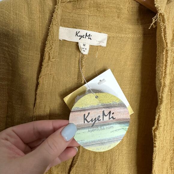 Kye Mi Women’s Mustard Cotton Tie Waist Bell Crochet Sleeved Cover Up Size M NWT - Picture 3 of 8